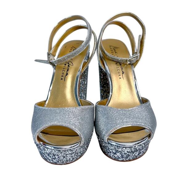 Badgley Mischka 7.5 Zale Open Toe Platform Block Heel Glitter Adjustable Buckle - Picture 8 of 9